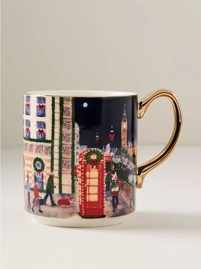 ❤️ Anthropologie Festive London Holiday Mug with Gold Handle - NWT
